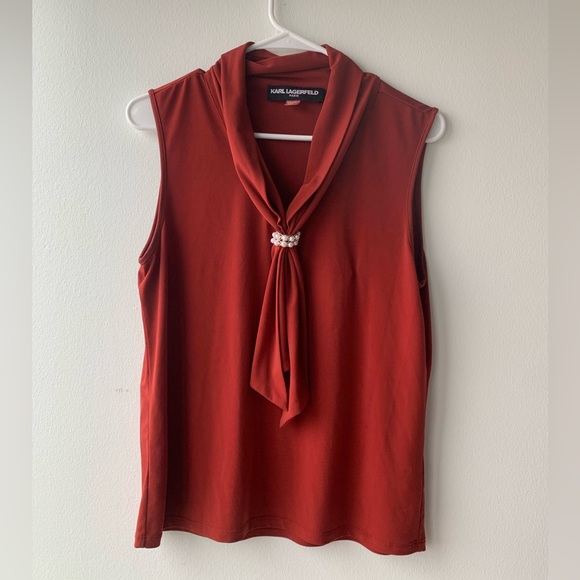 Karl Lagerfeld Tops - Karl Lagerfeld Paris Sleeveless Blouse Pearl Top Terracotta Red Size Small